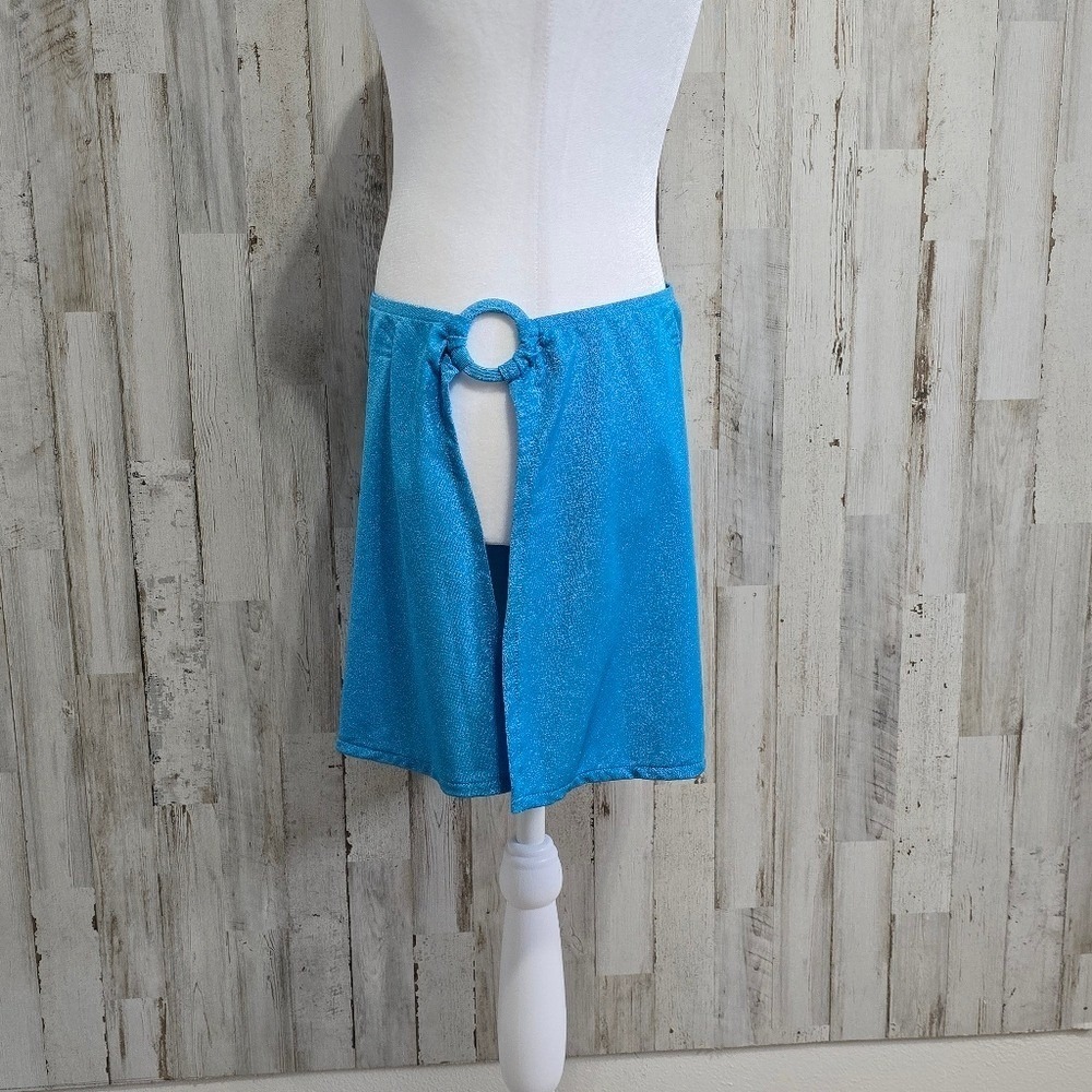 Aqua Blue Shimmer Sparkle Wrap Mini Skirt Swimsuit Cover Up Size Medium - Picture 4 of 8